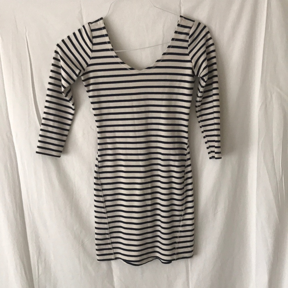 Cream and blue striped cotton dress